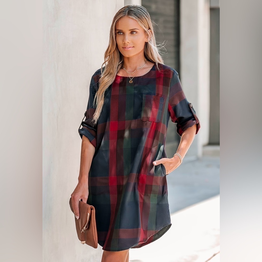 NWT Cupshe Plaid Lady Lesiure Long Sleeve Mini Tunic Dress Size Small - Picture 13 of 13